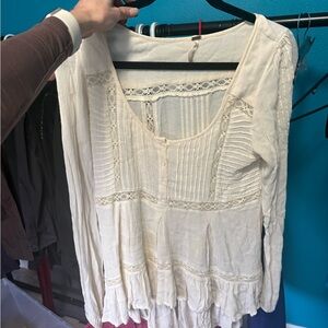 Free People Cream Lace-Trim Long Sleeve Tunic